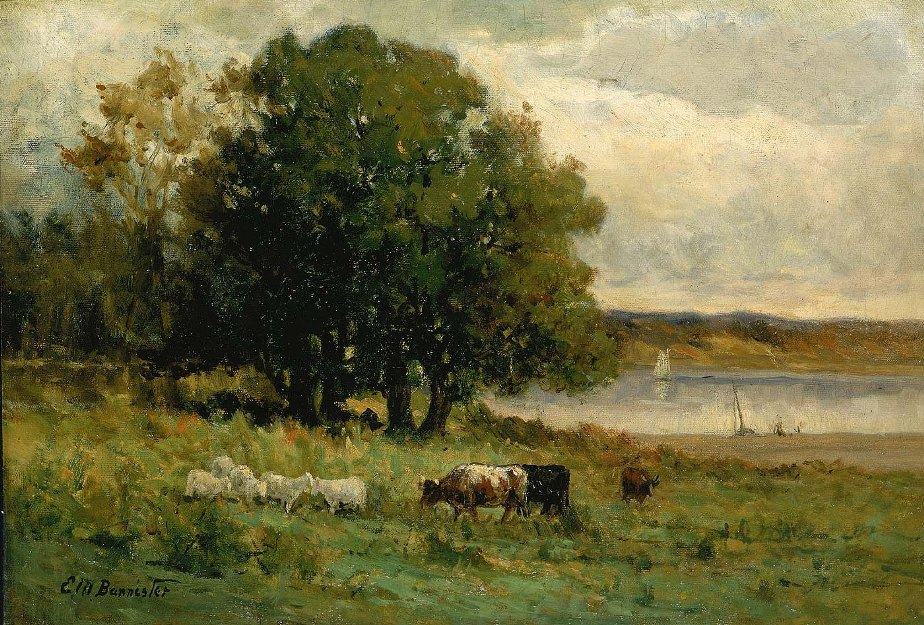 Edward Mitchell Bannister cattle near river with sailboat in distance